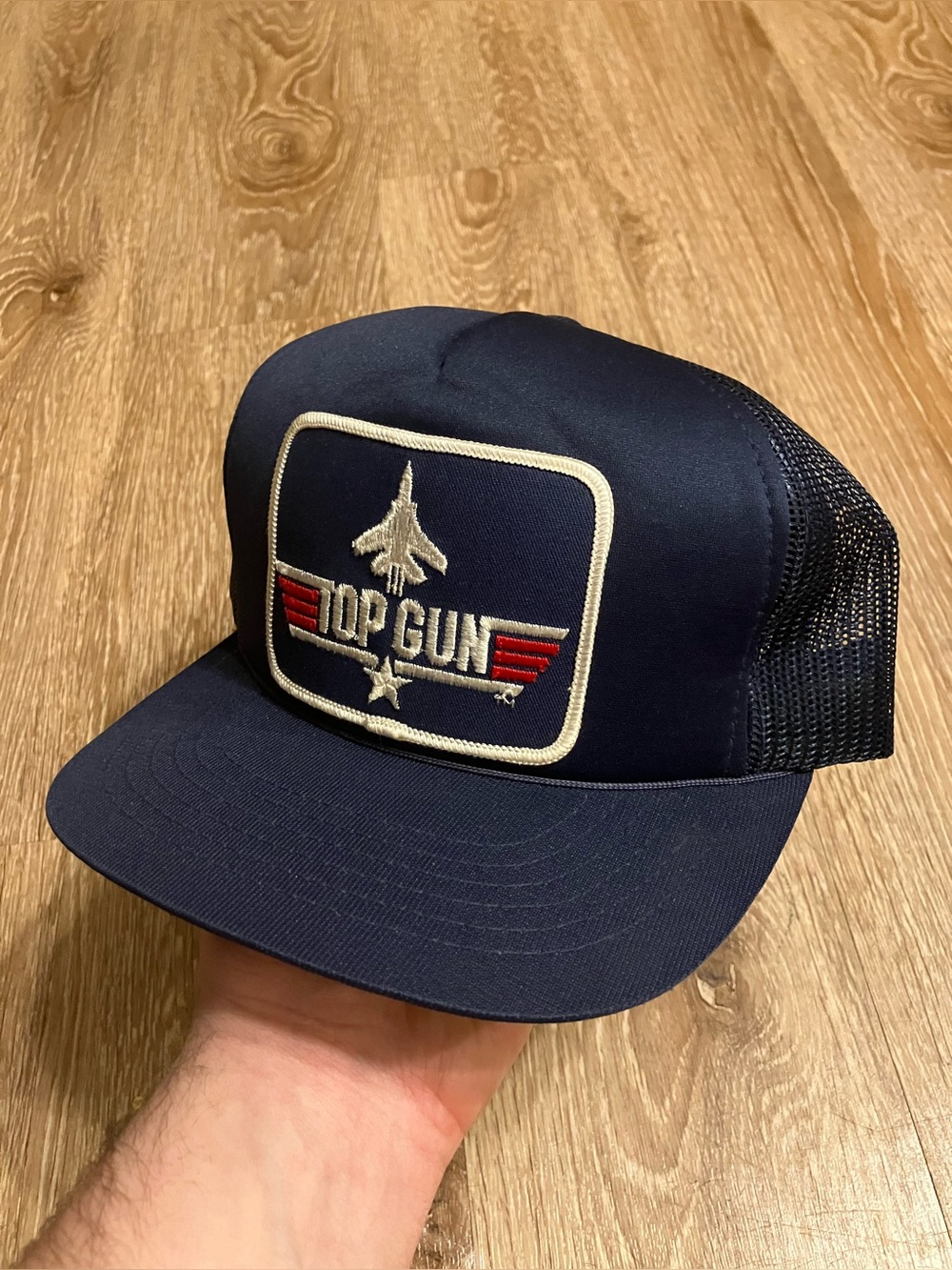 Vintage 1986 Top Gun Snapback Trucker Hat Cap Blue Mesh Navy 1986 USA Maverick